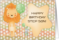 Happy Birthday to Step Son Cute Lion with Balloons a nd a Mouse card