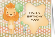 Happy Birthday to Son Cute Lion with Balloons a nd a Mouse card