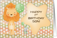 Happy 1st Birthday to Son Cute Lion with Balloons a nd a Mouse card