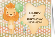 Happy 1st Birthday to Nephew Cute Lion with Balloons and a Mouse card