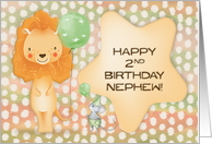 Happy 2nd Birthday to Nephew Cute Lion with Balloons a nd a Mouse card