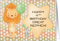 Happy 4th Birthday to Great Nephew Cute Lion with Balloons and a Mouse card