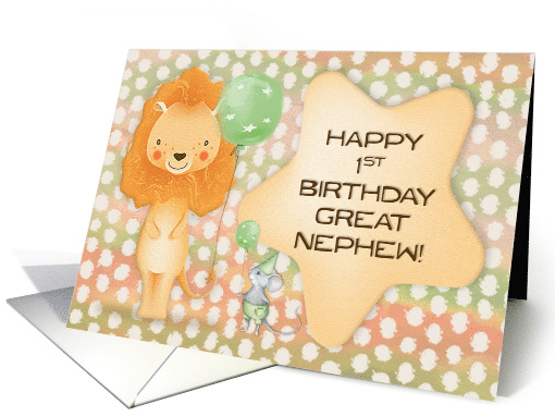 Great Nephew 1st Birthday Cute Lion with Balloons and a Mouse card