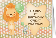 Happy 1st Birthday to Great Nephew Cute Lion with Balloons and a Mouse card