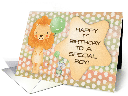 Happy 1st Birthday to a Boy Cute Lion with Balloons and a Mouse card