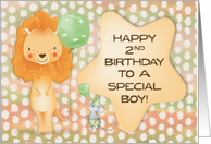 Happy 2nd Birthday to a Boy Cute Lion with Balloons and a Mouse card