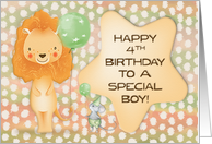 Happy 4th Birthday to a Boy Cute Lion with Balloons and a Mouse card