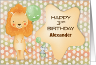 Happy 3rd Birthday Custom Name Cute Lion with Balloons and a Mouse card