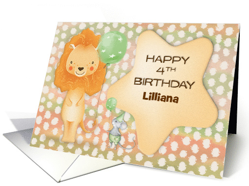 Happy 4th Birthday Custom Name Cute Lion with Balloons... (1578518)
