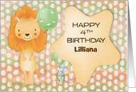 Happy 4th Birthday Custom Name Cute Lion with Balloons and a Mouse card