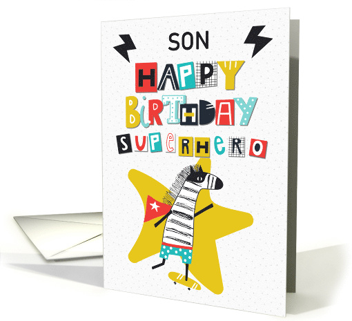 Happy Birthday Superhero to Son Comical Skateboarding Zebra card