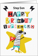 Happy Birthday Superhero to Step Son Comical Skateboarding Zebra card