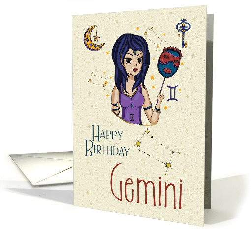 Happy Birthday Gemini Zodiac with Gemini Constellation and Sign card