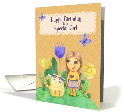 Happy Birthday to a Special Girl Cute Girl and Cat card (1608216)