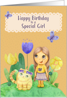 Happy Birthday to a Special Girl Cute Girl and Cat card