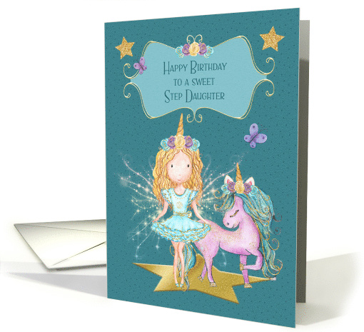 Happy Birthday to Step Daughter Pretty Fairy and Unicorn card