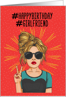 Happy Birthday to Girlfriend Hashtag, Pop Girl and Peace Sign card