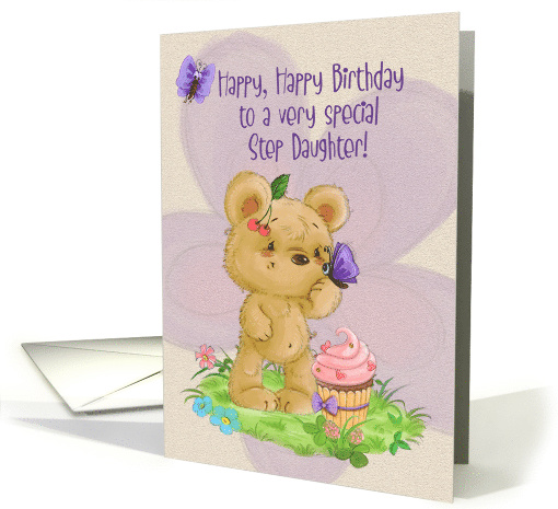 Happy Birthday to Step Daughter Adorable Bear and Cupcake card