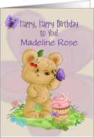 Happy Birthday Custom Name with an Adorable Bear and Cupcake card
