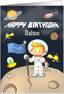Happy Birthday Custom Name Young Boy in Space with Planets and Stars card