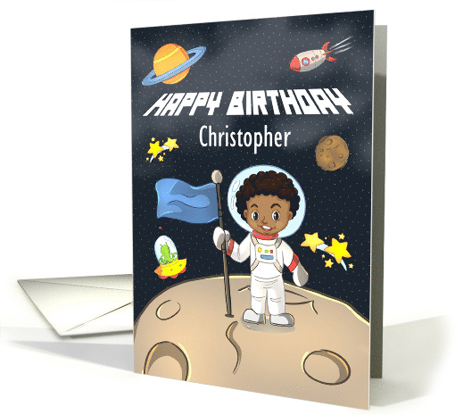 Happy Birthday Custom Name Young African American Boy in Space card