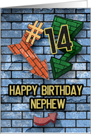 Happy 14th Birthday to Nephew Fun Bold Graphic Brick Wall and Arrows card