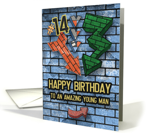 Happy 14th Birthday to an Amazing Young Man Brick Wall and Arrows card