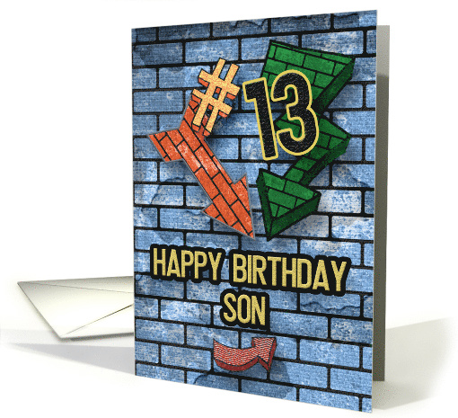 Happy 13th Birthday to Son Bold Graphic Brick Wall and Arrows card