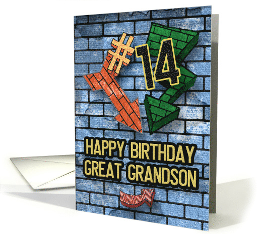 Happy 14th Birthday to Great Grandson Bold Graphic Brick Wall card