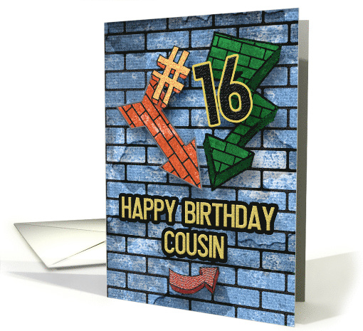 Happy 16th Birthday to Cousin Bold Graphic Brick Wall and Arrows card