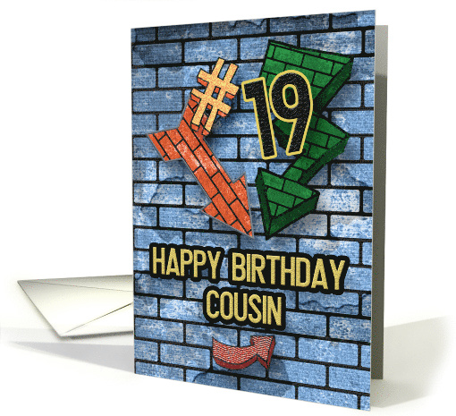 Happy 19th Birthday to Cousin Bold Graphic Brick Wall and Arrows card