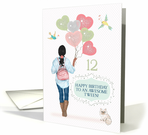 Tween 12th Birthday Young African American Girl and Cat card (1646650)