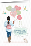 Tween 11th Birthday Young African American Girl and Cat card
