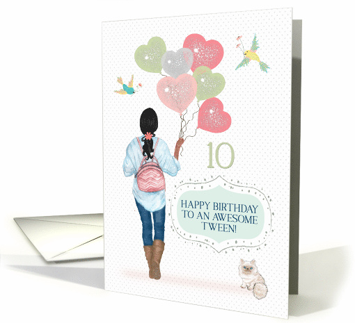 Tween 10th Birthday Young African American Girl and Cat card (1646654)