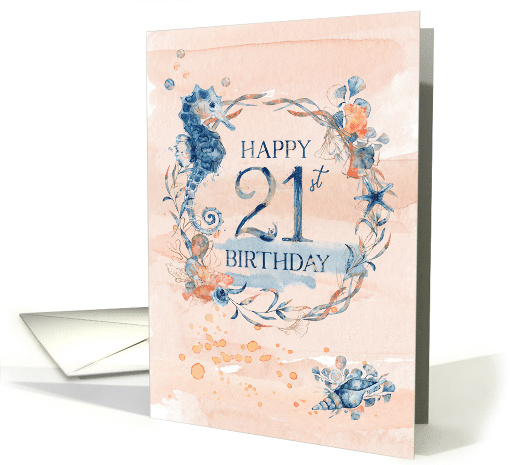 21st Birthday Seahorse and Shells Watercolor Effect... (1678574)