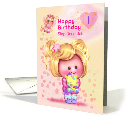 Step Daughter Happy 1st Birthday Adorable Girl and Cat Fairy card