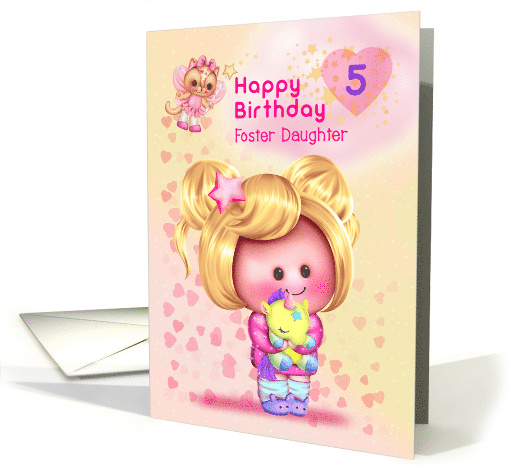 Foster Daughter Happy 5th Birthday Adorable Girl and Cat Fairy card