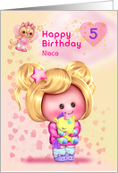 Niece Happy 5th Birthday Adorable Girl and Cat Fairy card