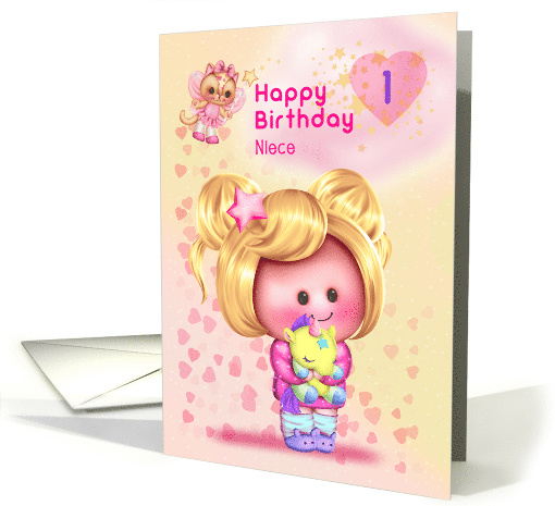 Niece Happy 1st Birthday Adorable Girl and Cat Fairy card (1685576)