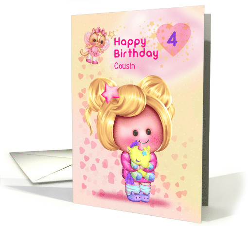 Cousin Happy 4th Birthday Adorable Girl and Cat Fairy card (1689846)