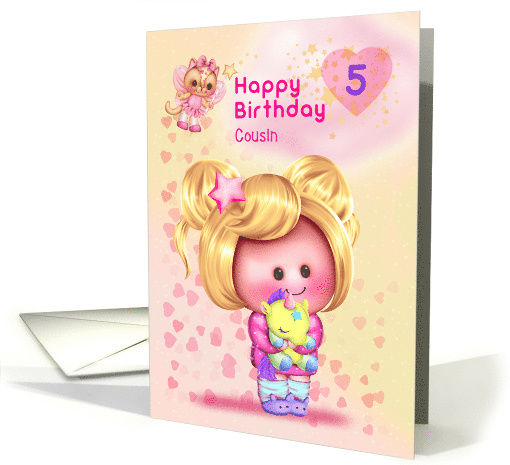 Cousin Happy 5th Birthday Adorable Girl and Cat Fairy card (1689848)