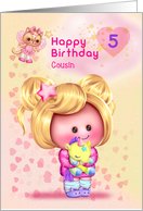 Cousin Happy 5th Birthday Adorable Girl and Cat Fairy card
