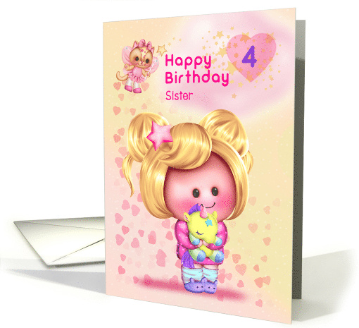 Sister Happy 4th Birthday Adorable Girl and Cat Fairy card (1689862)