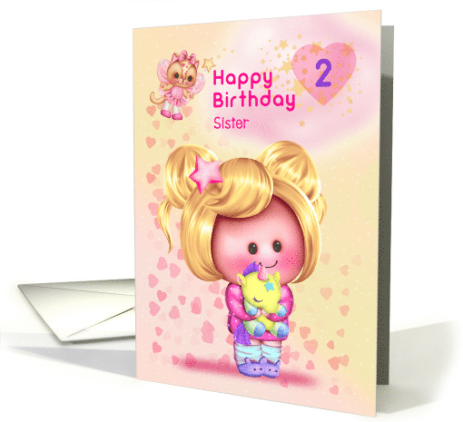 Sister Happy 2nd Birthday Adorable Girl and Cat Fairy card (1689866)