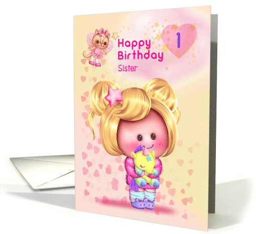 Sister Happy 1st Birthday Adorable Girl and Cat Fairy card (1689868)