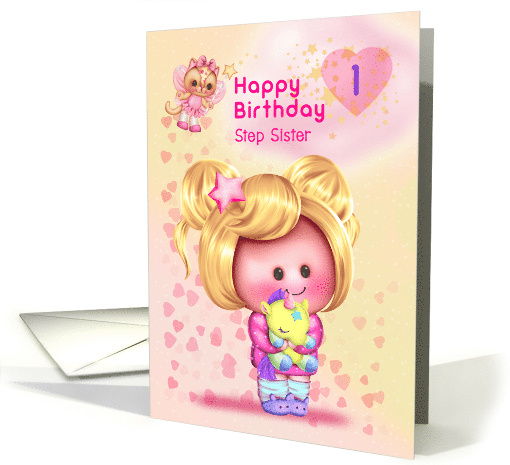 Step Sister Happy 1st Birthday Adorable Girl and Cat Fairy card