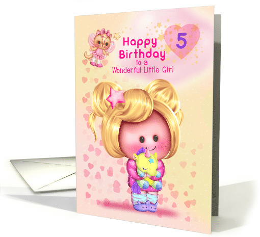 Little Girl Happy 5th Birthday Adorable Girl and Cat Fairy card