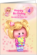 Little Girl Happy 4th Birthday Adorable Girl and Cat Fairy card