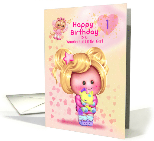 Little Girl Happy 1st Birthday Adorable Girl and Cat Fairy card