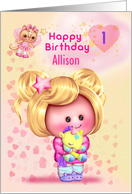 Little Girl Happy 1st Birthday Custom Name Adorable Girl and Cat Fairy card